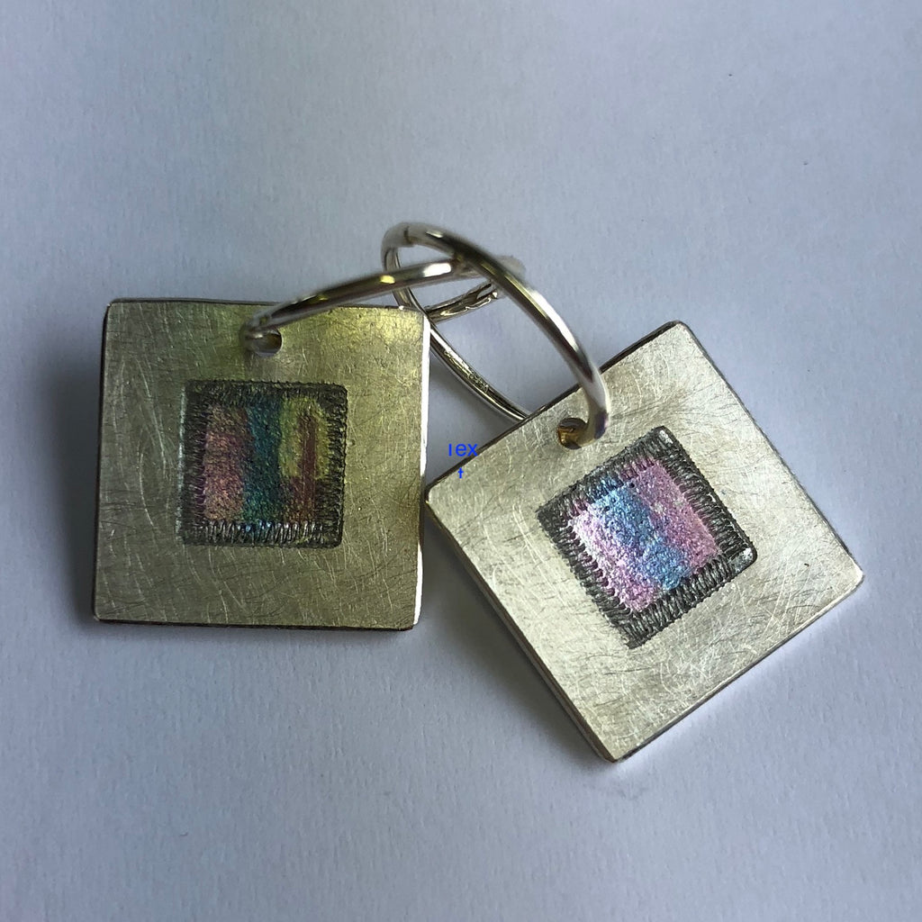 Ear rings, 16mm square enamel on silver