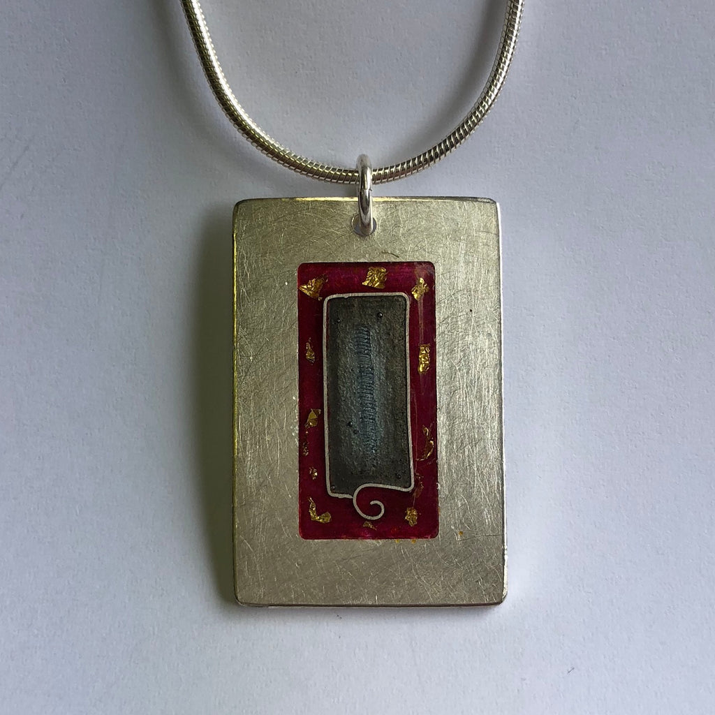 Pendant, red and grey with gold